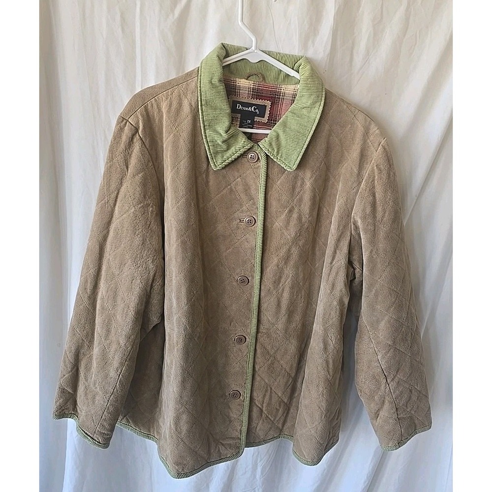 Denim & Co 100% Leather Button-Up Jacket Flannel Plaid Lined Sz 2X Corduroy Trim